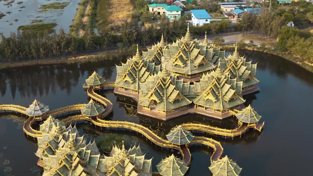 Aerial footage of Ancient City Muang Boran in Bangkok Thailand