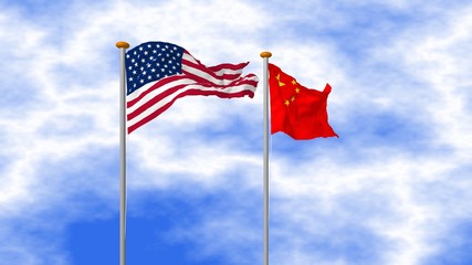 USA and China flag on pole with blue sky