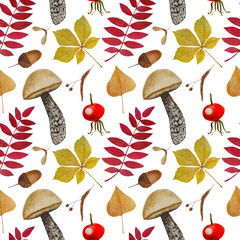 Pattern Autumn leaves and mushrooms acorns chestnut Illustrations Watercolor Botanical Digital paper Textile Autumn Autumn Decor Wallpaper Scrapbooking