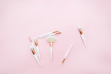 Makeup brushes on a pink background place free beauty. Horizontal copyspace open composition