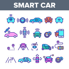 Color Smart Car Elements Icons Set Vector Thin Line. Intelligence Control And Security, Network Navigation And Autopilot Smart Car Devices Linear Pictograms. Illustrations
