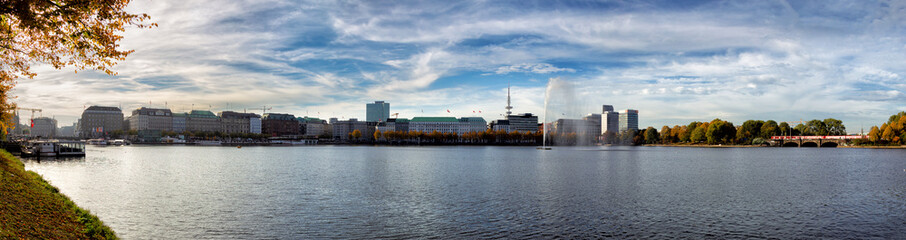 Fototapeta na wymiar Panorama of the Inner Alster with the Alster Fountain in Hamburg, Germany.
