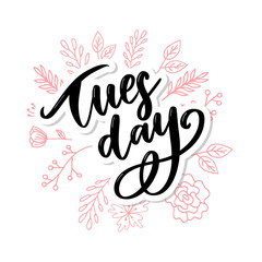 Hello Tuesday words. Hand drawn ink lettering. brush calligraphy.