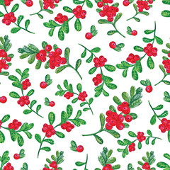 Cranberries with leaves seamless watercolor pattern handmade. Hand drawing Botanical forest berries seamless background . Watercolor illustration. Use for textile printing, wrapping paper,