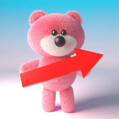 3d Cute pink fluffy teddy bear character holding a big red arrow, 3d illustration