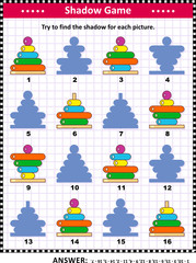 Fototapeta na wymiar IQ training visual puzzle with colorful ring stackers: Try to find the shadow for each picture. Answer included.