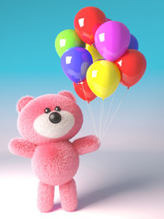 3d celebrating teddy bear with pink fur plays with party balloons, 3d illustration