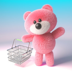 3d teddy bear character with pink fur carrying a shopping basket, 3d illustration
