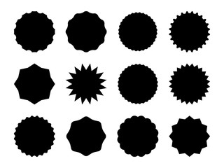 Starburst promo badges. Black sale star sticker price tag, vintage labels. Blank badges for advertising marketing campaign vector set
