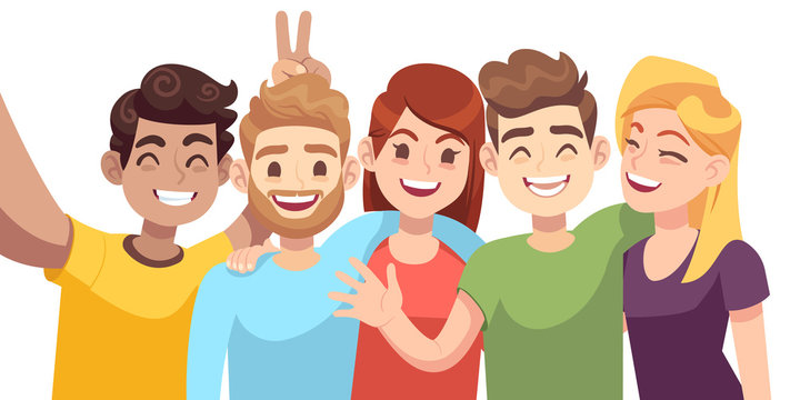 People group selfie. Guy takes group photo with smiling friends on  smartphone in hands vector cartoon friendly characters Stock Vector | Adobe  Stock
