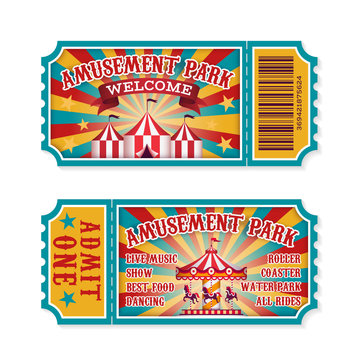 Amusement Park Ticket. Family Park Attractions Admission Tickets, Fun Festival Vintage Event Receipt. Fair Raffle Coupons. Vector Set