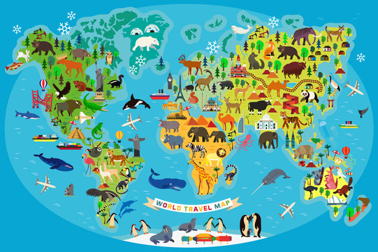 Animal Map of the World for Children and Kids. Vector.