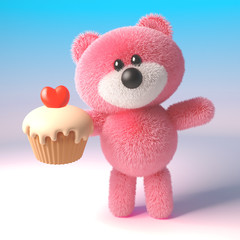 3d teddy bear with pink fur eating a delicious cup cake with a heart, 3d illustration
