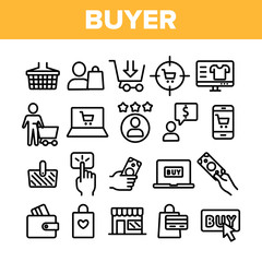 Collection Buyer Elements Signs Icons Set Vector Thin Line. Internet Supermarket On Smartphone And Computer Laptop Monitor And Buyer Shopping Basket Linear Pictograms. Monochrome Contour Illustrations