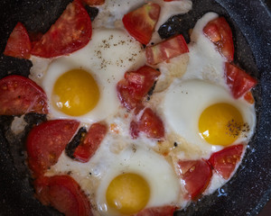 Fried eggs with tomatoes in a pan, close-up