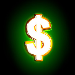 Glowing green dollar - peso sign of shine font of white and yellow colors isolated on black background - 3D illustration of symbols
