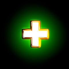 Fototapeta premium Glowing green plus of glossy alphabet of white and yellow colors isolated on black background - 3D illustration of symbols