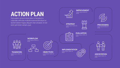 Action Plan Vector Concept and Infographic Design Elements in Linear Style stock illustration, nine icons on blue background