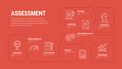 Assessment Vector Concept and Infographic Design Elements in Linear Style stock illustration, nine icons on red background