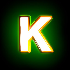 Glowing green letter K of shine alphabet of white and yellow colors isolated on black background - 3D illustration of symbols