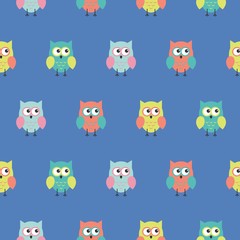 Obraz premium Cute flat owls pattern. Nice background for kids. On blue background.