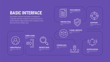Basic Interface Vector Concept and Infographic Design Elements in Linear Style stock illustration, nine icons on blue background