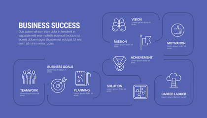 Business Success Vector Concept and Infographic Design Elements in Linear Style stock illustration, nine icons on purple background