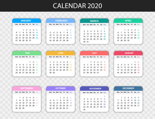 Calendar template for 2020 year . Week starts on Monday 2020