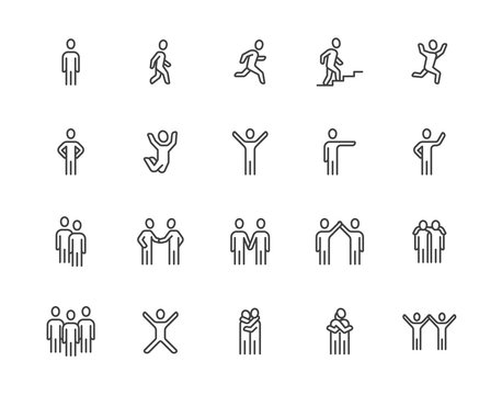 People flat line icons set. Person walking, running, jumping, climbing stairs, happy man, company leader, friends hugs vector illustrations. Human outline signs. Pixel perfect 64x64. Editable Strokes
