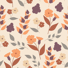 Orange and purple flowers in a colorfulnautumn seamless pattern