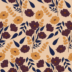 Yellow and purple colorful autumn flowers in a seamless pattern design