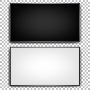 Flat tvs on a transparent background. Wall mounted plasma TV. Black and white. Realistic image. Set for design. Vector.