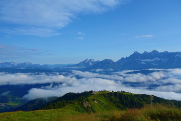 Aerial sunrise view from Rippetegg mountain to Dachstein mountain range in Styria, Alps, Austria