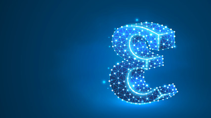 Epilon, the letter of a Greek alphabet. Greek numerals, mathematical number five concept. Abstract, digital, wireframe, low poly mesh, vector blue neon 3d illustration. Triangle, line, dot