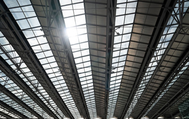 modern steel roof ,interior architecture of metal of airport or industrial factory .