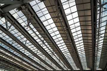 modern steel roof ,interior architecture of metal of airport or industrial factory .