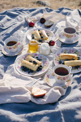 Beautiful picnic on top of mountain with sea view.