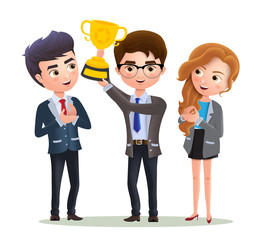 Business vector characters employee promotion. Male business character holding golden cup trophy for office work achievement and success. Vector illustration.