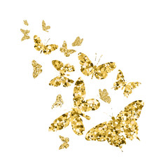 Amazing fly butterflies with texture of golden dots on white background. Vector. Set collection. Creative concept for wedding invitations, cards, tickets, congratulations, branding, logo, label