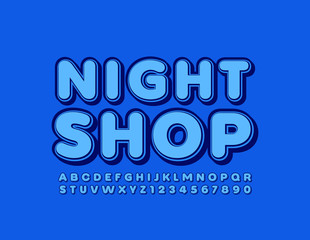 Vector blue Sign Night Shop. Bright 3D Font. Creative Alphabet Letters and Numbers.