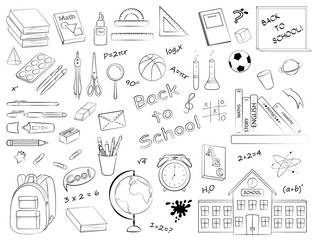 Vector set of monochrome school supplies and stationery