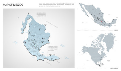 Vector set of Mexico country.  Isometric 3d map, Mexico map, North America map - with region, state names and city names.