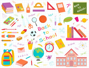 Vector set of multicolour school supplies and stationery.