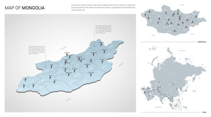 Vector set of Mongolia country.  Isometric 3d map, Mongolia map, Asia map - with region, state names and city names.