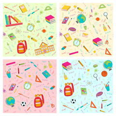 Multicolour vector seamless pattern with school supplies and stationery.