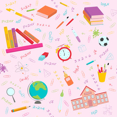 Multicolour vector seamless pattern with school supplies and stationery.