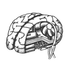 Innovation Computer Chip Brain Monochrome Vector. Artificial Intelligence Concept In Human Brain. Motherboard, Processor And Cooler Hand Drawn In Vintage Style Black And White Illustration