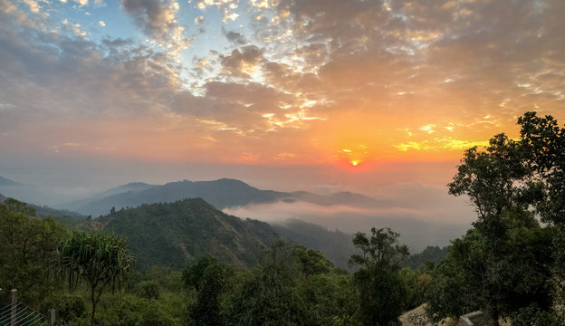Sunrise, Morning view from Yangon in Myanmar, Sea of Fog along with mountain as background in morning under sunrise in Yangon, Myanmar