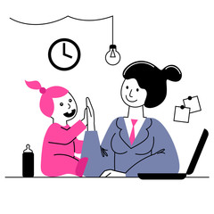 A working mother with her kid in the office on the workplace having success. Work and life balance vector image. 