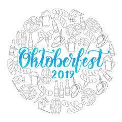 Oktoberfest hand drawn barrel, glass, ballons, garland, pretzel, sausage, flag are arranged in a circle. Hand made lettering. Sketch. Oktoberfest design for menu, poster, banner, flyer, brochure